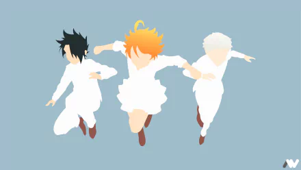 Minimalist 4K Ultra HD PC wallpaper of Emma, Ray, and Norman from the anime The Promised Neverland, shown as stylized silhouettes with colored hair mid-jump on a pale blue background.