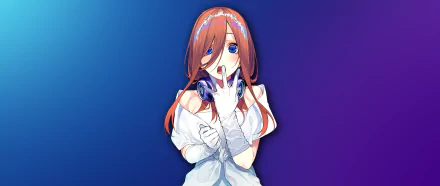 HD desktop wallpaper featuring Miku Nakano from the anime 5-Toubun no Hanayome (The Quintessential Quintuplets). The character is posed against a gradient blue and purple background.