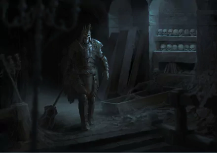 HD PC desktop wallpaper featuring Leoric from the video game Diablo III, depicted in dark, eerie surroundings with a gloomy atmosphere.