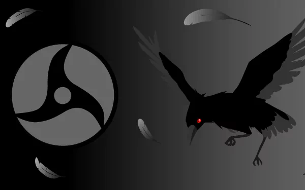 Minimalist 8K Ultra HD PC wallpaper featuring a vector-style Mangekyō Sharingan symbol and a black crow with red eyes, inspired by Naruto anime themes.