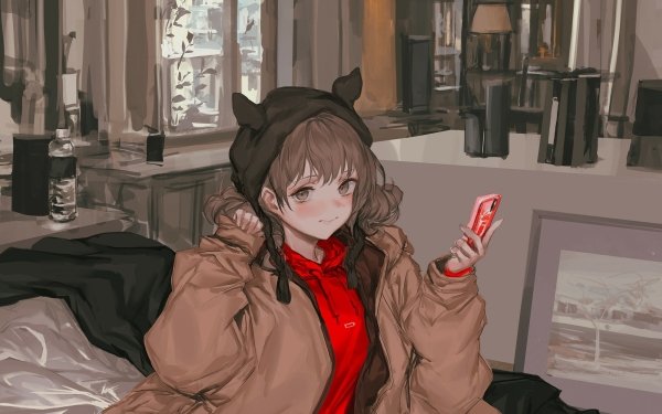 Anime Original Brown Hair Brown Eyes Phone Hat HD Wallpaper | Background Image