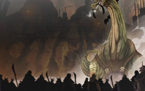 HD anime desktop wallpaper featuring Queen from One Piece confronting a massive, serpent-like creature amid a smoky, industrial battleground.
