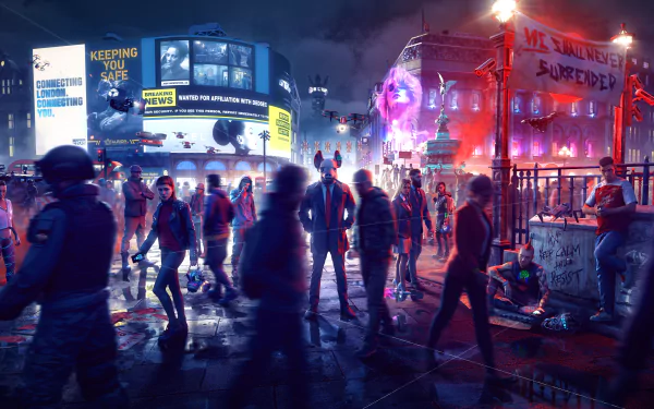 A vibrant 8K Ultra HD PC wallpaper from the video game Watch Dogs: Legion, depicting a neon-lit urban street scene bustling with diverse characters.