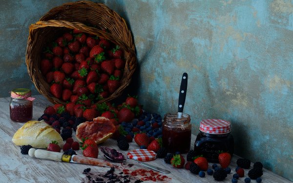 Food Berry Jar Bread Blackberry Strawberry Blueberry Basket Still Life Fruit Jam HD Wallpaper | Background Image