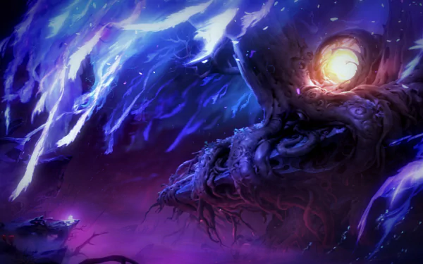 Ori and the Will of the Wisps video game 4K Ultra HD PC desktop wallpaper and background: luminous spirit in a glowing blue‑purple forest beside a hollow, light-filled tree.