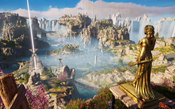 4K Ultra HD PC desktop wallpaper featuring a stunning landscape from the video game Assassin's Creed Odyssey, showcasing ancient ruins, lush greenery, and a golden statue.