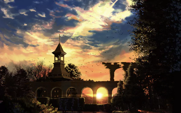 A stunning anime-style sunset illuminates a silhouette of an ornate structure surrounded by lush trees, creating a mesmerizing HD desktop wallpaper.