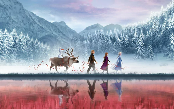 HD PC desktop wallpaper of Frozen 2 featuring Kristoff, Olaf, Sven, Elsa, and Anna walking beside a snowy forest and reflective red water.