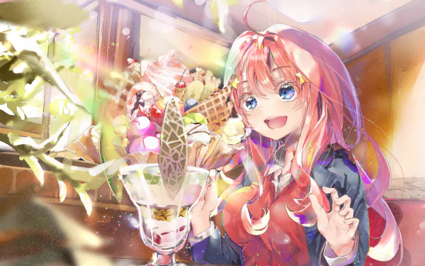HD desktop wallpaper of Itsuki Nakano, a character from the anime The Quintessential Quintuplets. She is smiling brightly while sitting indoors, with sunlight streaming through the window beside her.