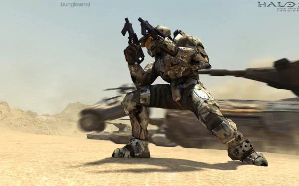 HD PC desktop wallpaper featuring a dynamic battle scene from Halo 2, showcasing a Spartan soldier in futuristic armor with vehicles in the background.