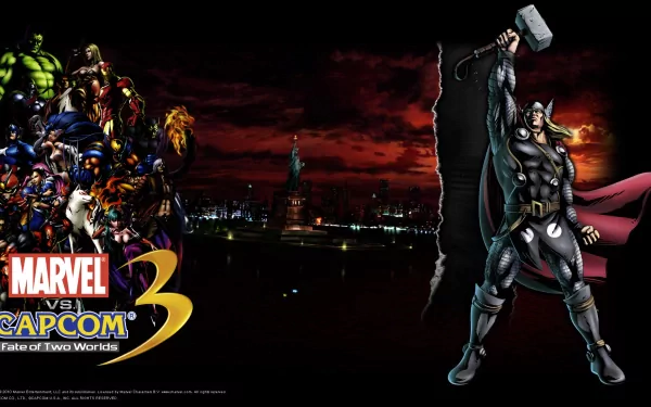 HD PC desktop wallpaper featuring Morrigan Aensland, Felicia, Chun-Li, Amaterasu, Thor, Wolverine, Iron Man, and Captain America from Marvel vs Capcom 3: Fate of Two Worlds.