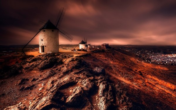 Man Made Windmill Spain Night Landscape Castilla la Mancha HD Wallpaper | Background Image