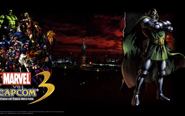 HD PC desktop wallpaper featuring Marvel vs. Capcom 3: Fate of Two Worlds characters including Iron Man, Amaterasu, Captain America, Wolverine, Hulk, and Doctor Doom.