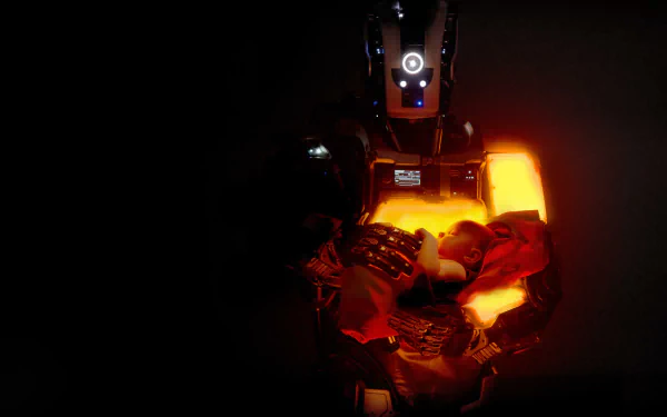 HD wallpaper featuring a scene from I Am Mother with a robot against a dark background illuminated by an orange light.