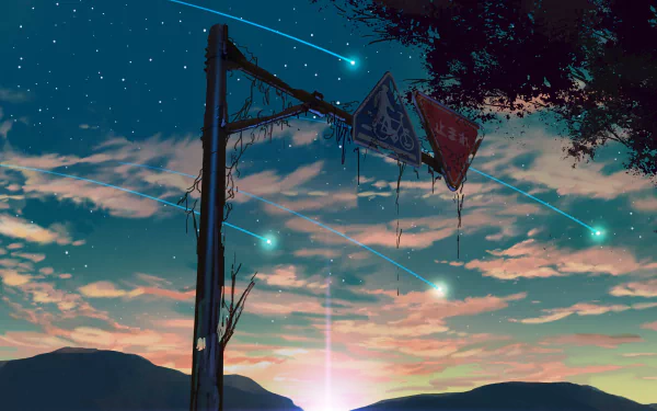 A stunning HD anime desktop wallpaper of a starry sky at sunset with shooting stars and an old signpost in view.