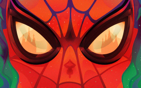 Vibrant 4K Ultra HD PC wallpaper close-up of Spider-Man's mask with glowing reflective eyes, comic-dot texture and color tones referencing Spider-Man: Far From Home.