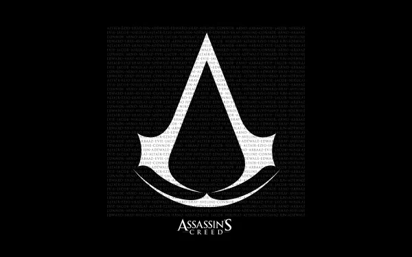 White Assassin's Creed emblem centered on a textured black field with faint code-like text — 4K Ultra HD PC desktop wallpaper/background, minimalist video game artwork.