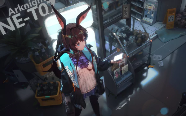 HD wallpaper featuring Amiya from Arknights. The anime girl stands in a neon-lit room, holding a device, with rabbit ears and a focused expression. Surrounded by plants and technology.