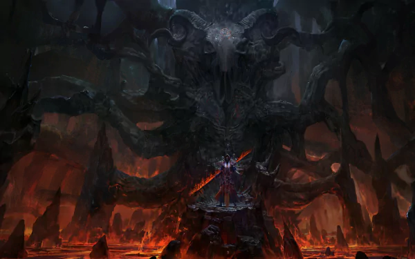 Dark sorcerer stands before a towering, demonic figure amidst a fiery, hellish landscape in this HD PC desktop wallpaper and background.