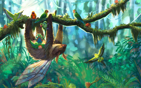 bird branch jungle parrot sloth fantasy Animal Fantasy Animal HD Desktop Wallpaper | Background Image