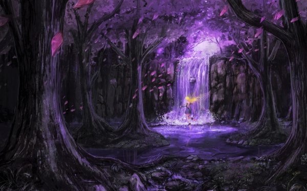 Fantasy Fairy Forest Waterfall Purple HD Wallpaper | Background Image