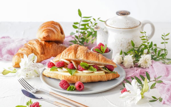 Food Breakfast Croissant Raspberry Berry Still Life HD Wallpaper | Background Image