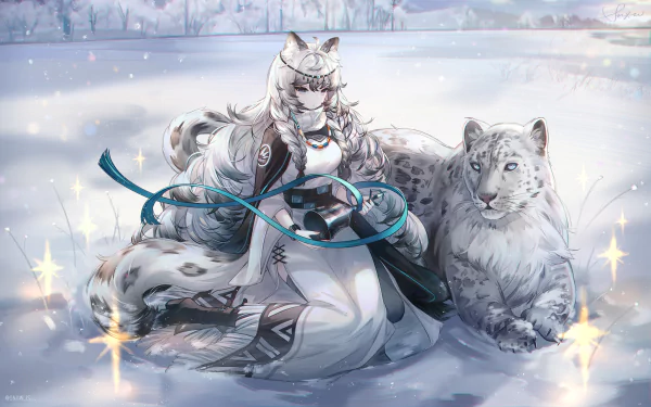 HD desktop wallpaper and background featuring Pramanix from the video game Arknights, depicted in a snowy landscape with a white snowy leopard by her side.