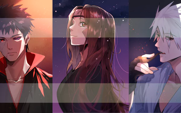 HD anime wallpaper featuring Kakashi Hatake, Obito Uchiha, and Rin Nohara from Naruto, set against a vibrant, starry night background.