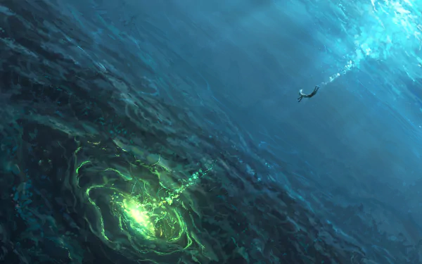 HD desktop wallpaper featuring a mystical ocean scene with a glowing, green whirlpool and a fantasy creature swimming above.