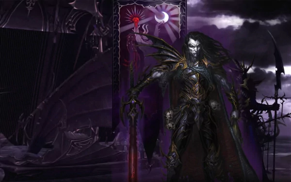 HD wallpaper featuring Malus Darkblade, a dark sorcerer-warrior from the Warhammer video game series. He stands menacingly with a glowing weapon, surrounded by an ominous, shadowy background.