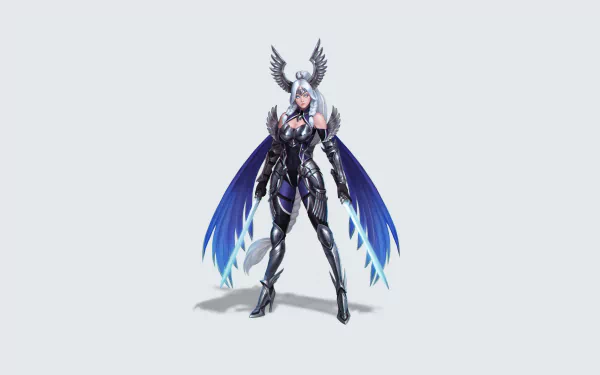 A white-haired woman warrior with braided hair and blue wings, clad in dark armor, holding a sword, depicted in a detailed 4K Ultra HD fantasy style.