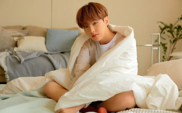 4K PC desktop wallpaper of a K-pop singer wrapped in a white duvet on a bed, soft morning light and cozy music-themed mood.