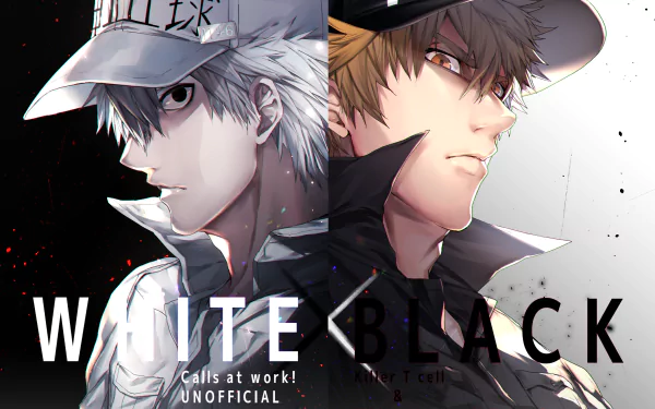 HD PC desktop wallpaper featuring Killer T and U-1146 from the anime Cells at Work!, showcasing a dynamic black and white split design.
