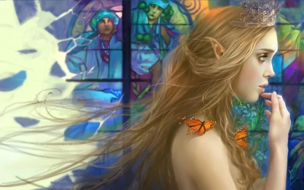 A fantasy-themed HD wallpaper features an elf with a crown and butterfly accents, set against a colorful stained glass backdrop, evoking an ethereal atmosphere.