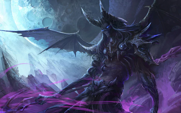 HD fantasy desktop wallpaper featuring a dark demon with prominent horns and wings, set against a moonlit, mystical landscape with swirling purple mist.