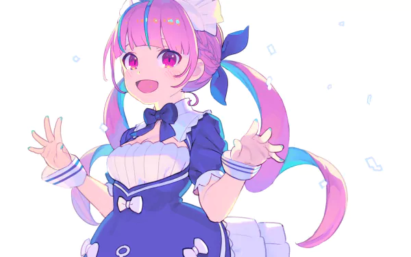 HD desktop wallpaper featuring Minato Aqua from Hololive. The anime-style image presents Minato Aqua as a cheerful Virtual Youtuber with vibrant pink and blue hair, dressed in a maid outfit.