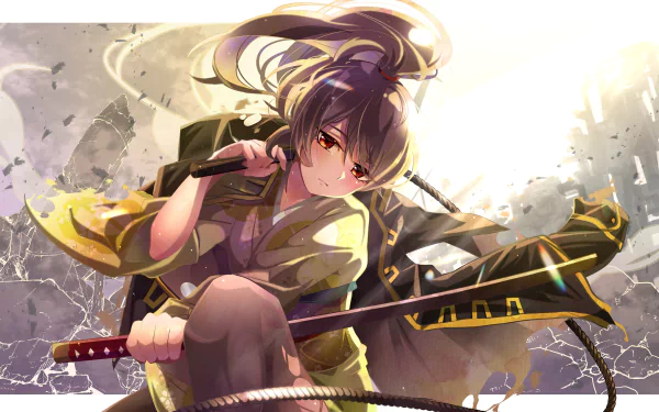 Okita Sougo from Gintama in a dynamic pose, gripping his sword amid crumbling ruins — anime 4K Ultra HD PC desktop wallpaper/background with dramatic lighting and detailed art.