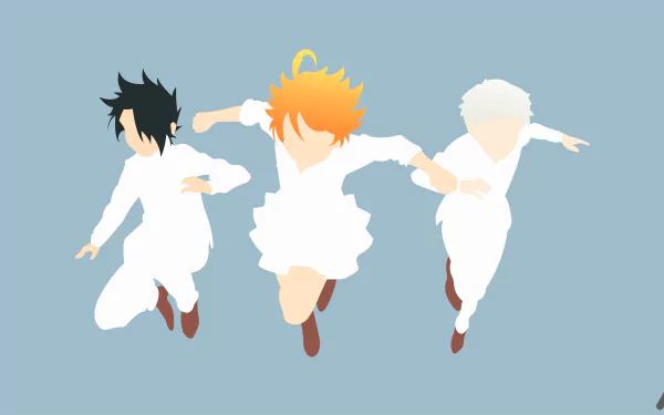 Minimalist 4K Ultra HD PC wallpaper of Emma, Ray, and Norman from the anime The Promised Neverland, shown as stylized silhouettes with colored hair mid-jump on a pale blue background.