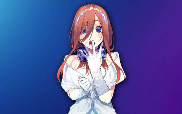 HD desktop wallpaper featuring Miku Nakano from the anime 5-Toubun no Hanayome (The Quintessential Quintuplets). The character is posed against a gradient blue and purple background.