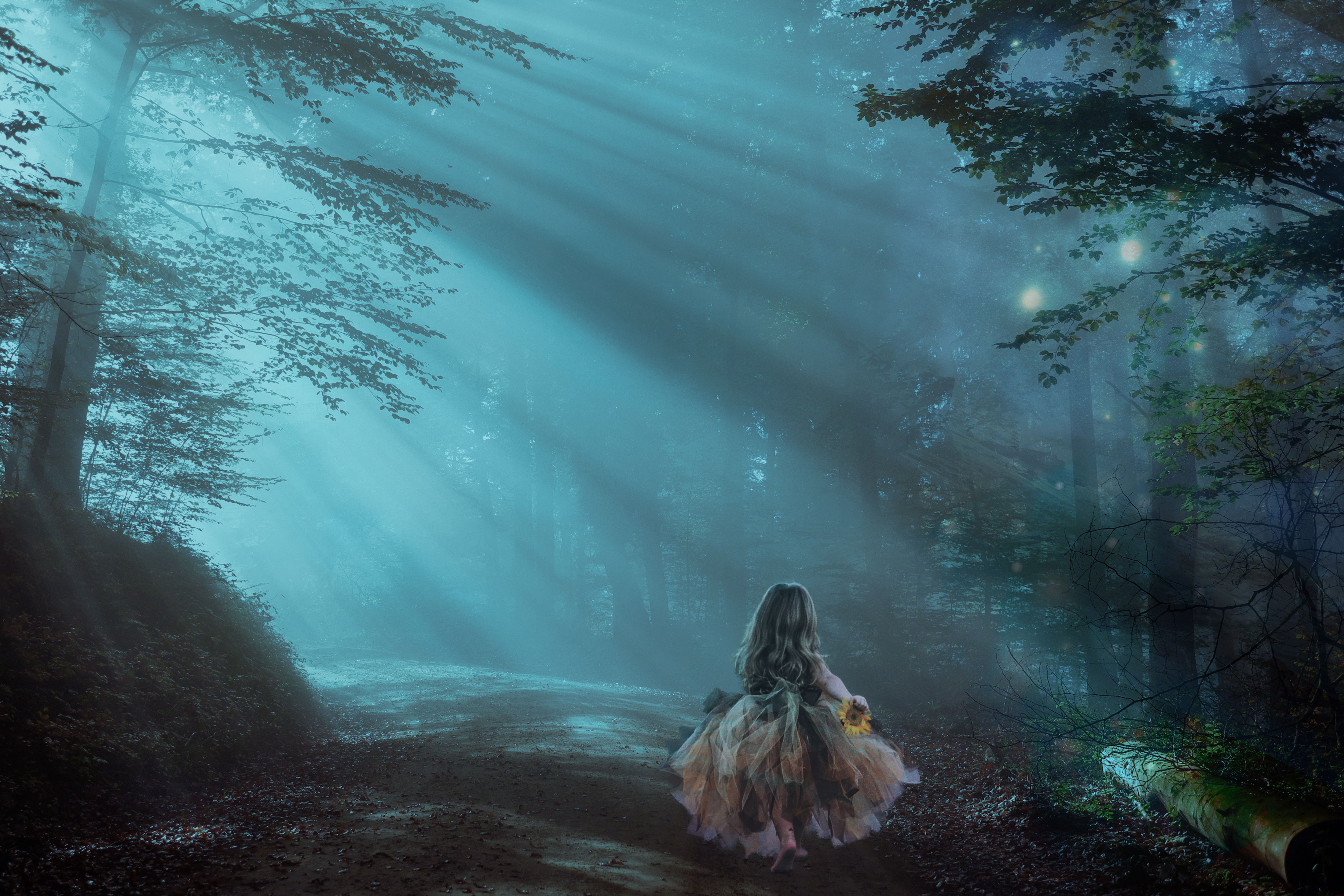 Little Girl alone at Night in Misty Forest