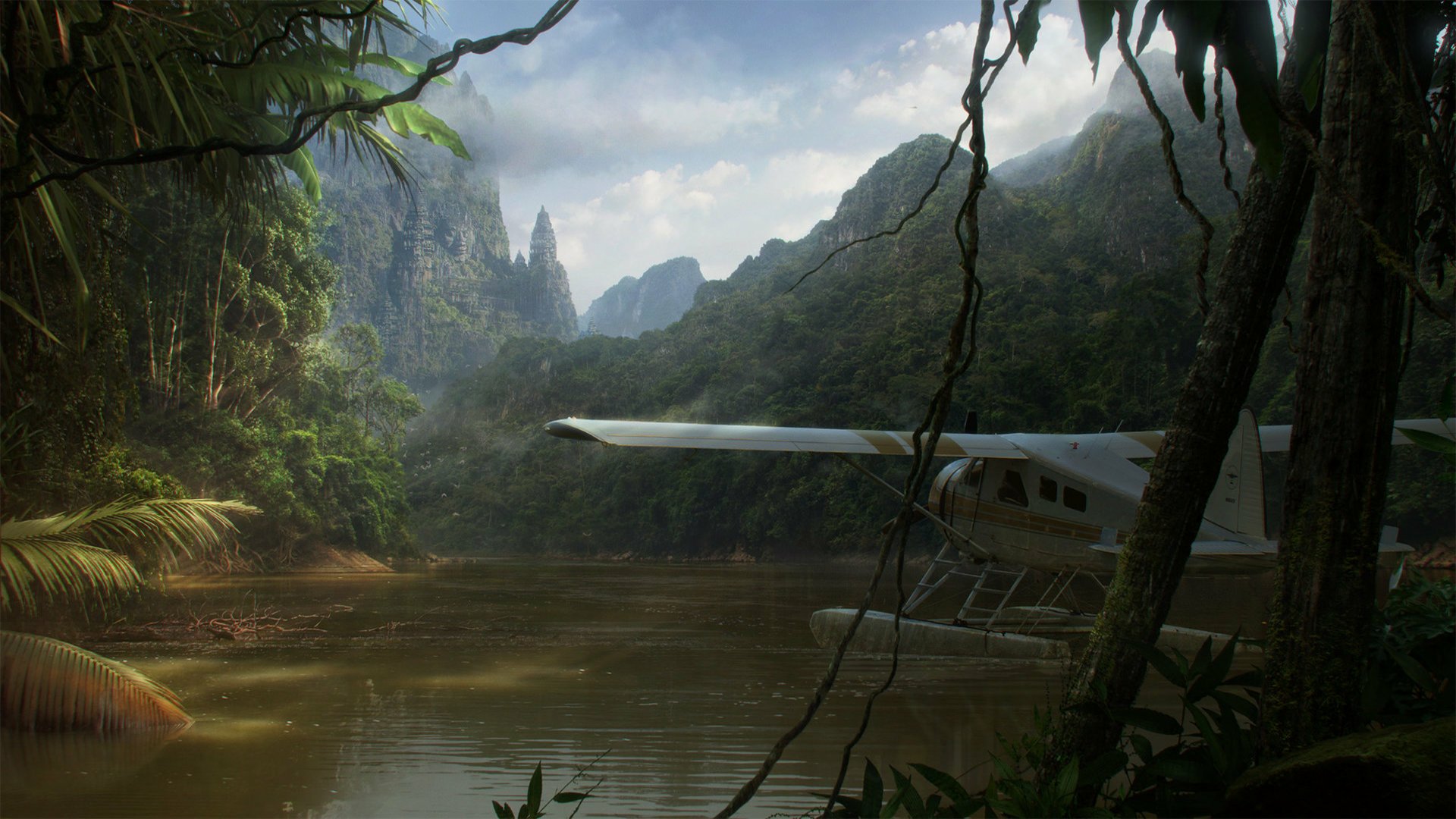 A stunning HD fantasy landscape of a dense jungle with mountains and a seaplane docked by a calm river, designed as a PC desktop wallpaper and background.