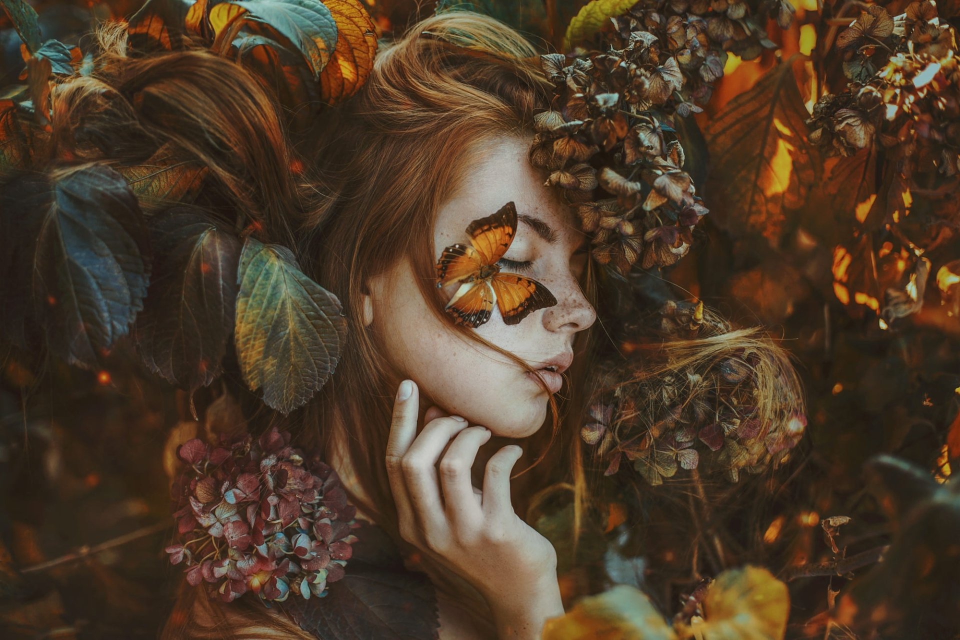 Download Face Redhead Model Hydrangea Butterfly Flower Woman Mood HD Wallpaper by Marketa Novak