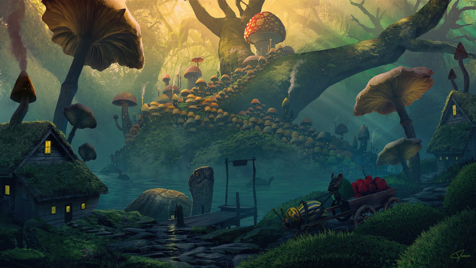 Download Turtle House Mouse Mushroom Fantasy Landscape HD Wallpaper by