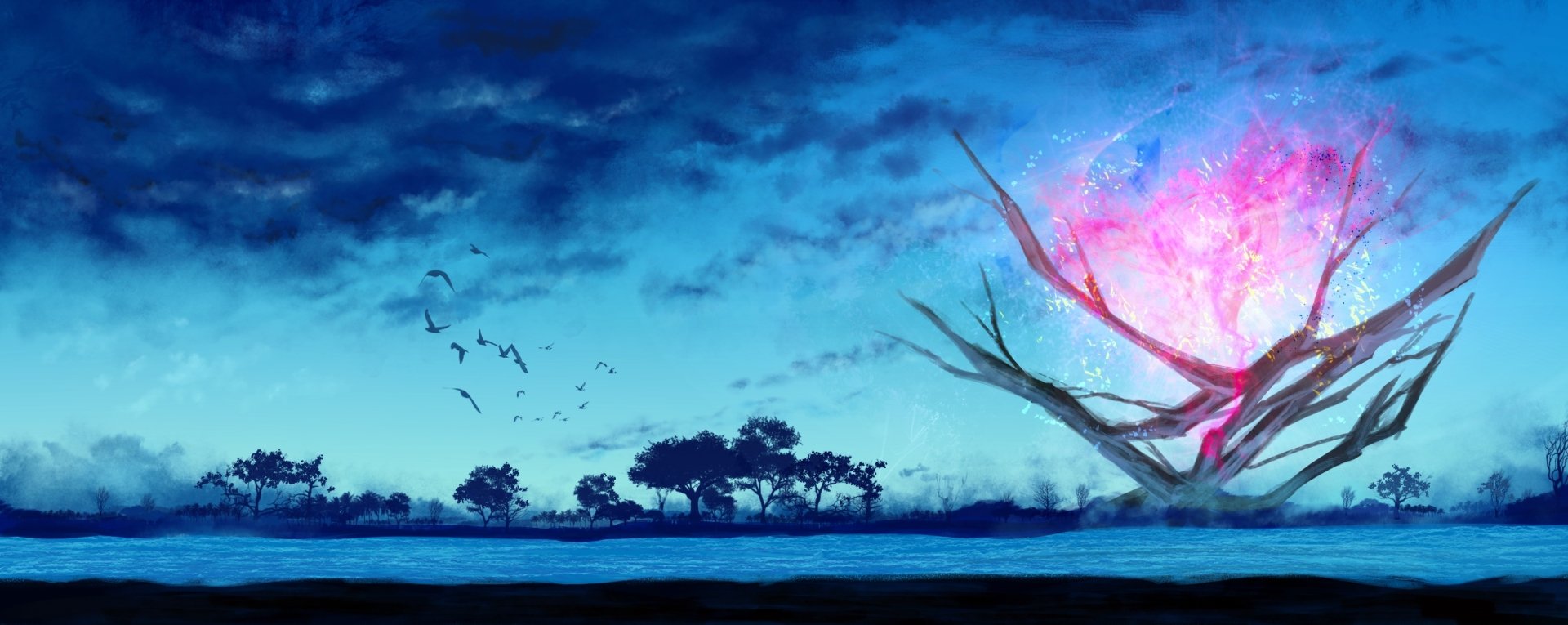 HD anime original desktop wallpaper depicting a serene lakeside scene at dusk with silhouetted trees, birds in flight, and vibrant glowing pink energy emanating from twisted branches.