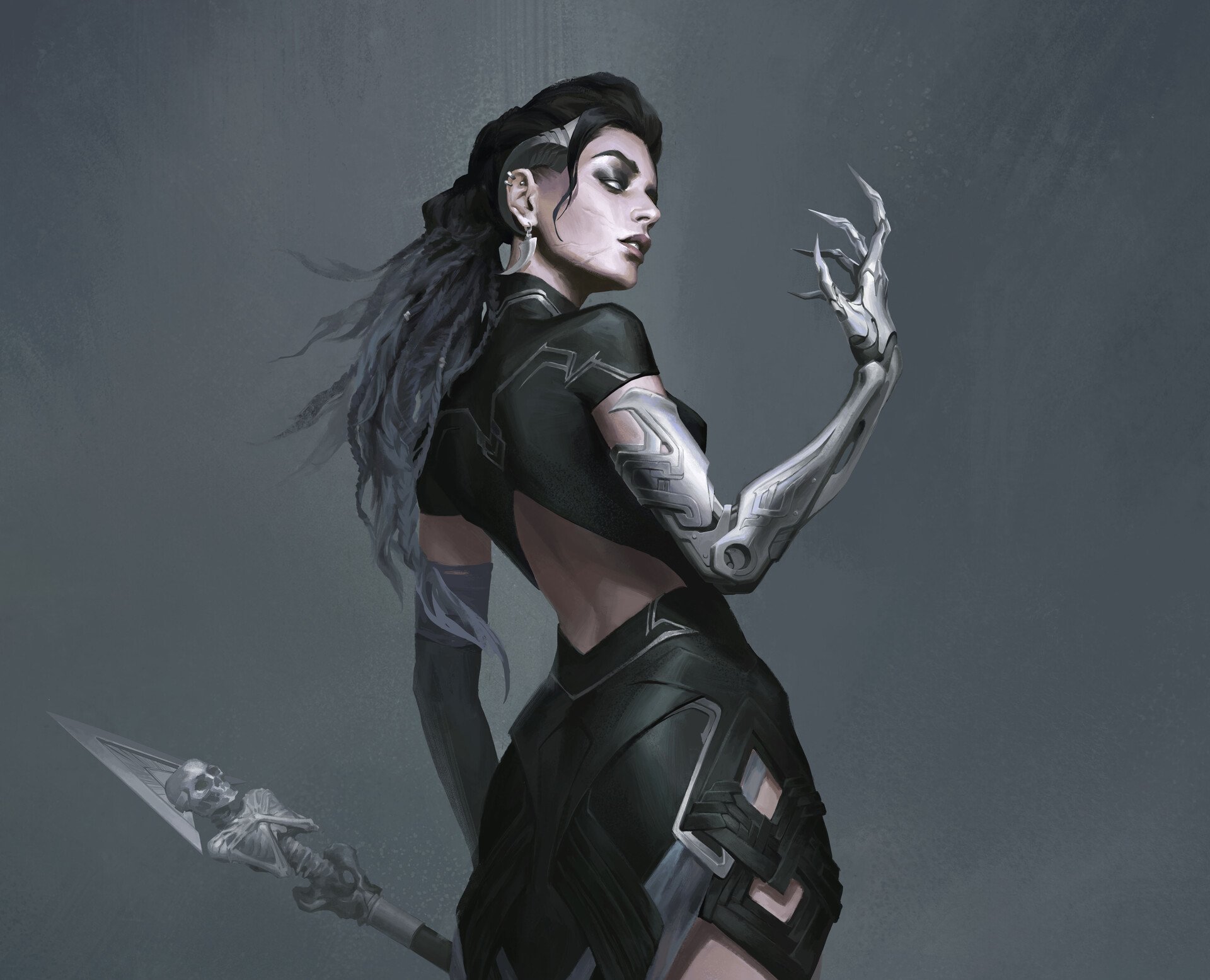 HD PC desktop wallpaper and background: a sci‑fi cyborg woman in dark armor with a metallic prosthetic arm, pale skin and flowing hair against a muted gray backdrop.