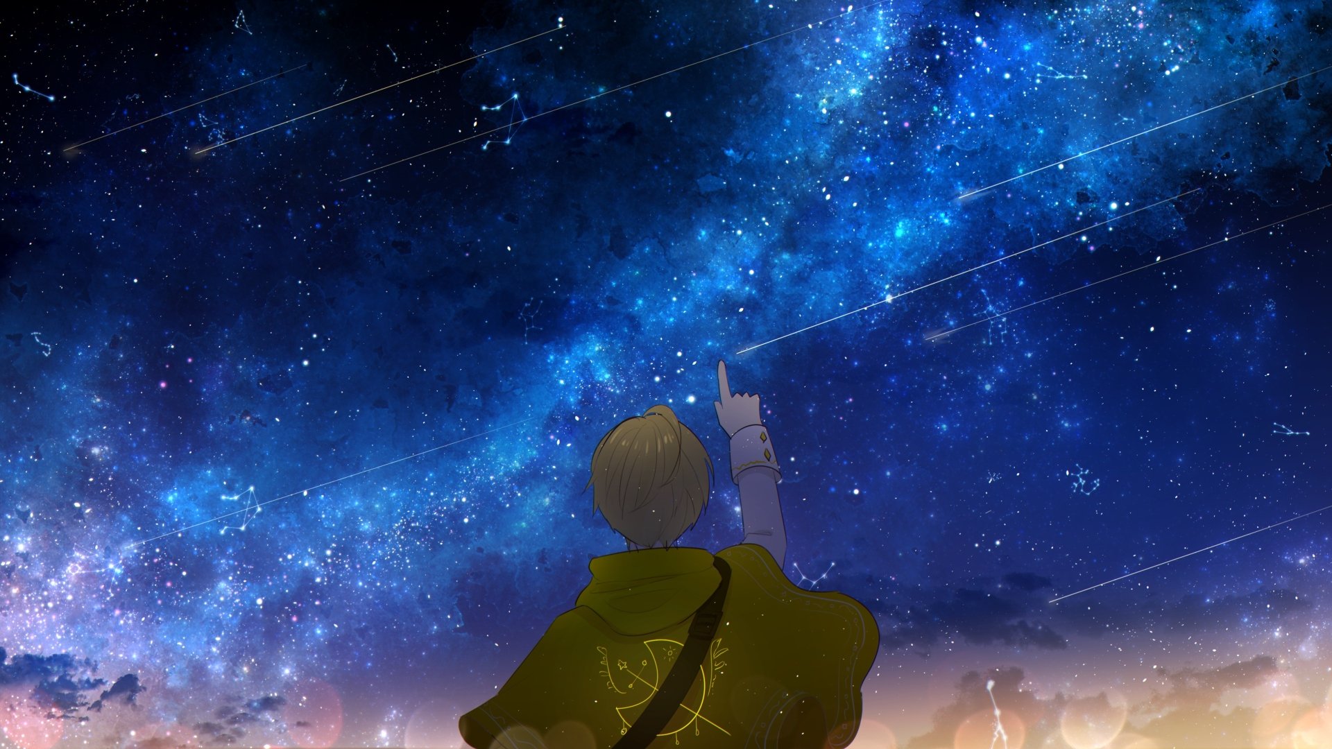 Anime-style original artwork showcasing a figure pointing at a vivid starry night sky, rendered in 4K Ultra HD as a PC desktop wallpaper and background.