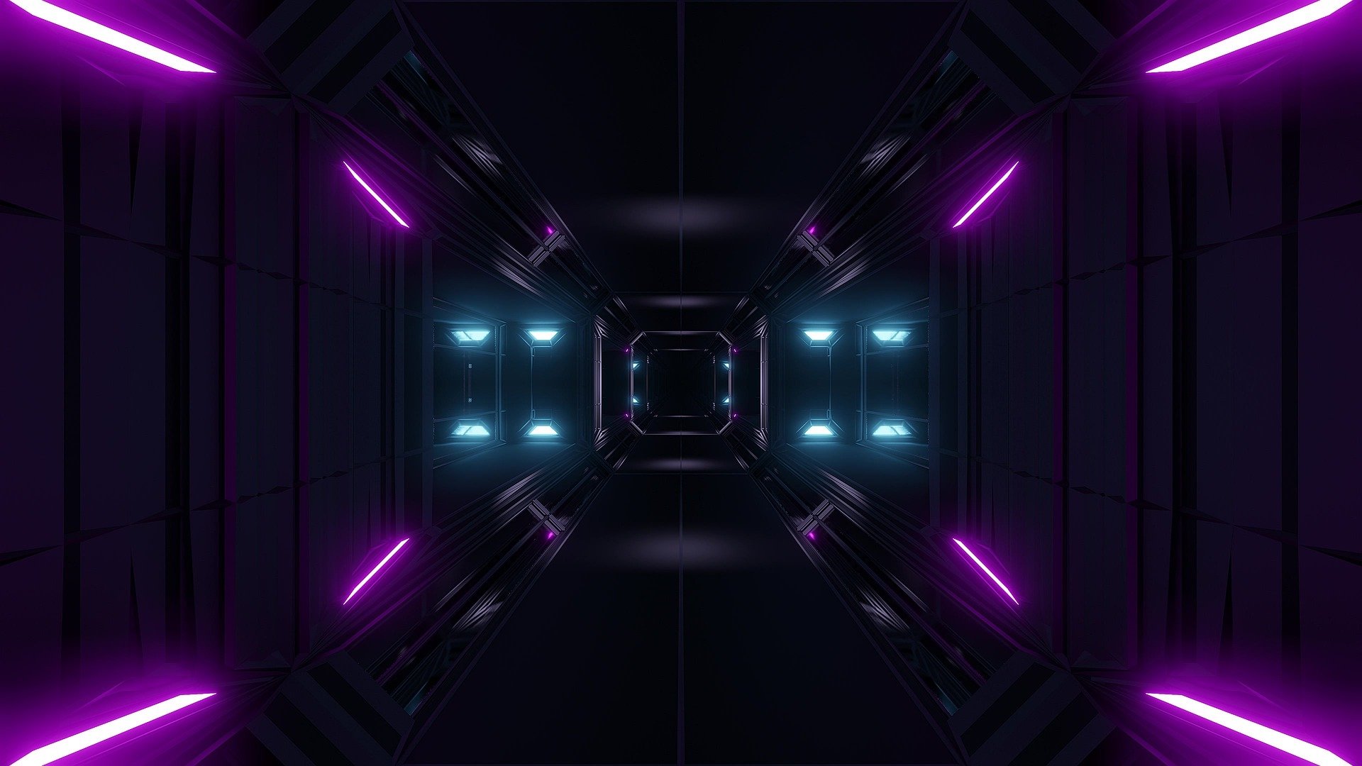 Artistic sci-fi corridor of mirrored panels and neon purple and cyan lights receding to a glowing hub — HD PC desktop wallpaper and background.