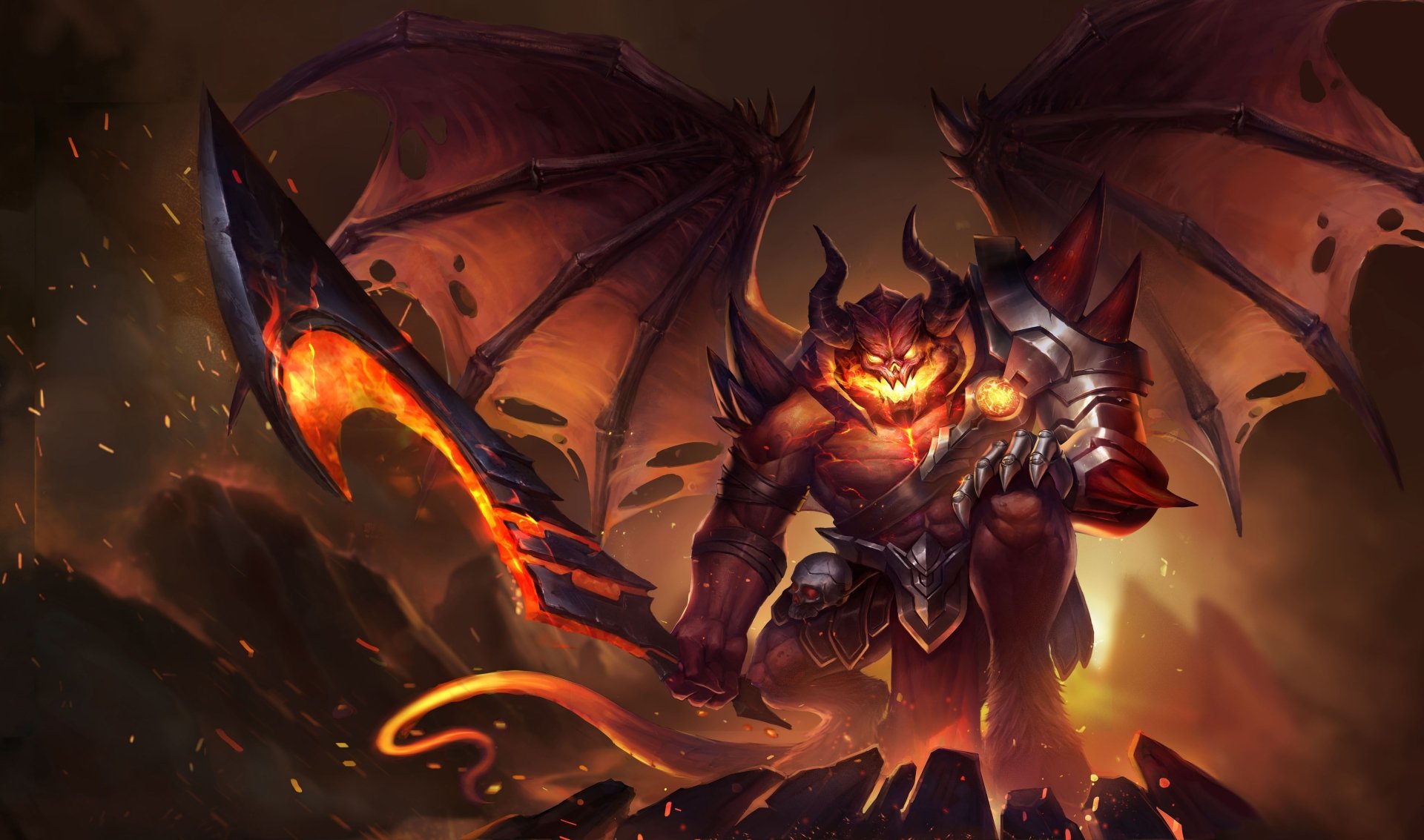 4K Ultra HD PC wallpaper: imposing Arena of Valor demon warrior with flaming sword and bat-like wings, armor glowing with molten fire.