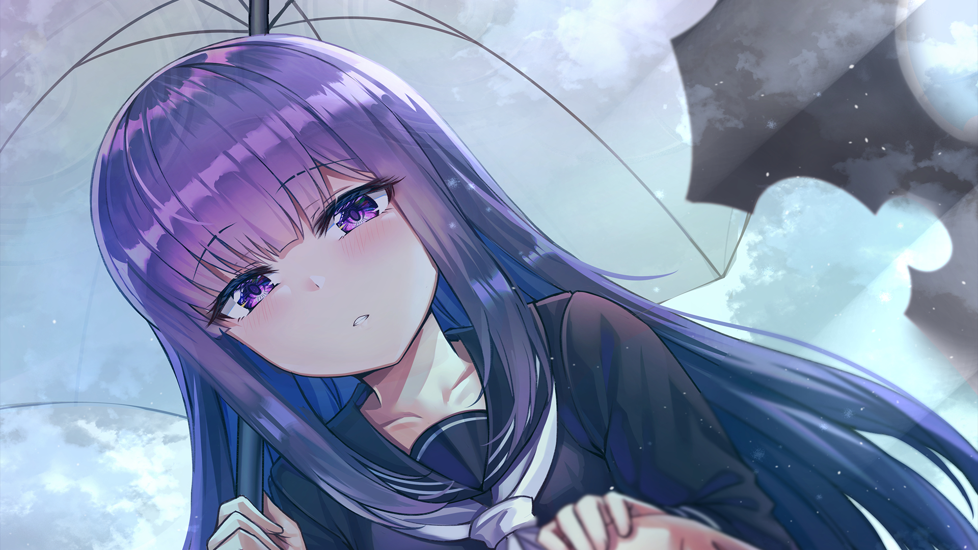 Anime girl with long purple hair and eyes, wearing a school uniform, holding an umbrella. The image serves as a HD desktop wallpaper.