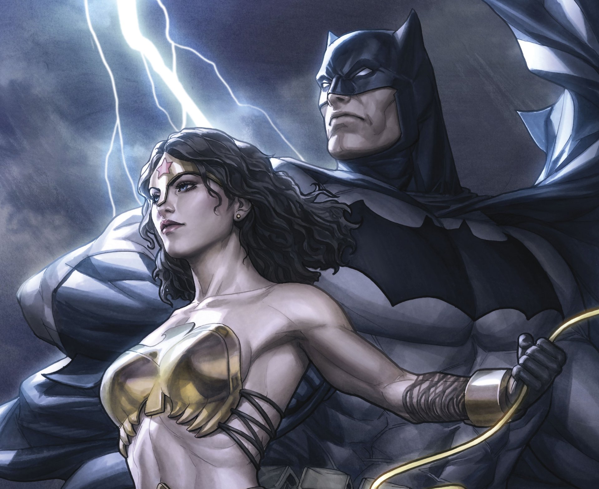 4K Ultra HD PC desktop wallpaper of DC Comics' Trinity — Wonder Woman and Batman in comic-style art, back-to-back under a stormy, lightning-lit sky.